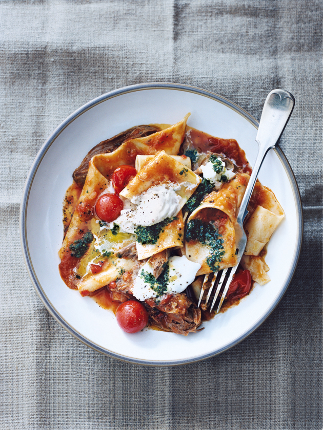 slow-cooked lamb shank pasta with pesto